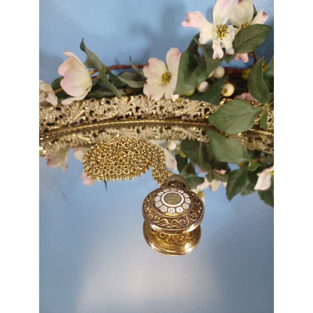 Avon Moonwind Enamel Pocket Watch Pendant Perfume Bottle Goldentone Brilliant
